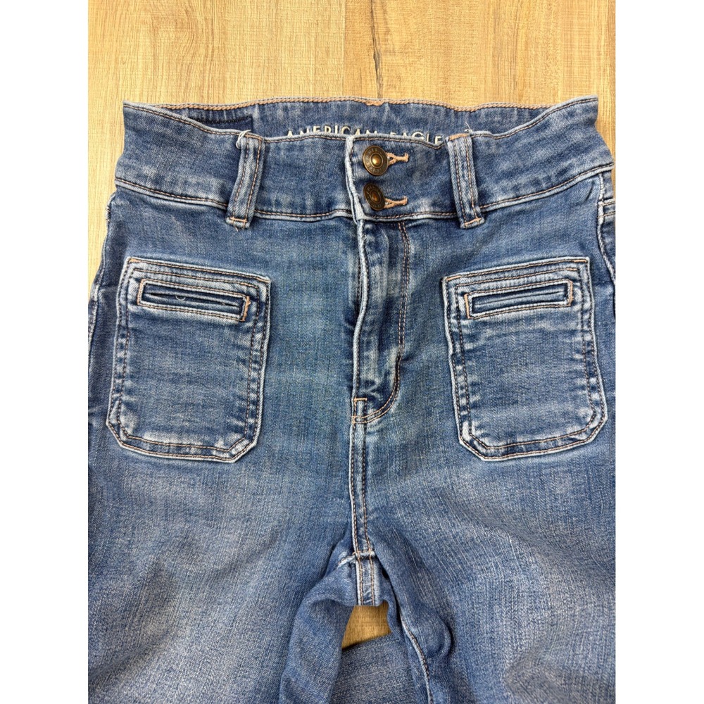 American Eagle Super Hi-Rise Flare Jeans Next Level Stretch Blue Denim Size 0 - Picture 5 of 8